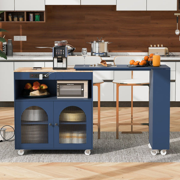 English Elm K&K Rolling Kitchen Island with LED Lighting, Power Outlets, Fluted Glass Doors and Mobile Storage Hub Navy Blue WF316018AAN