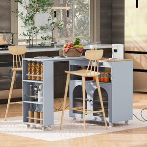 English Elm K&K Rolling Kitchen Island with LED Lighting, Power Outlets, Fluted Glass Doors and Mobile Storage Hub Grey-Blue WF316018AAG