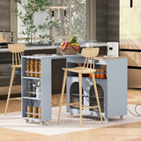 English Elm K&K Rolling Kitchen Island With Extended Table, Kitchen Island On Wheels With Led Lights,Power Outlets and 2 Fluted Glass Doors, Kitchen Island With A Storage Compartment and Side 3 Open Shelves, Grey