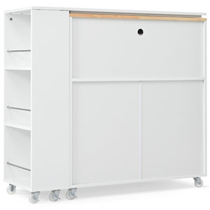 English Elm K&K Rolling Kitchen Island with LED Lighting, Power Outlets, Fluted Glass Doors and Mobile Storage Hub White WF316018AAW