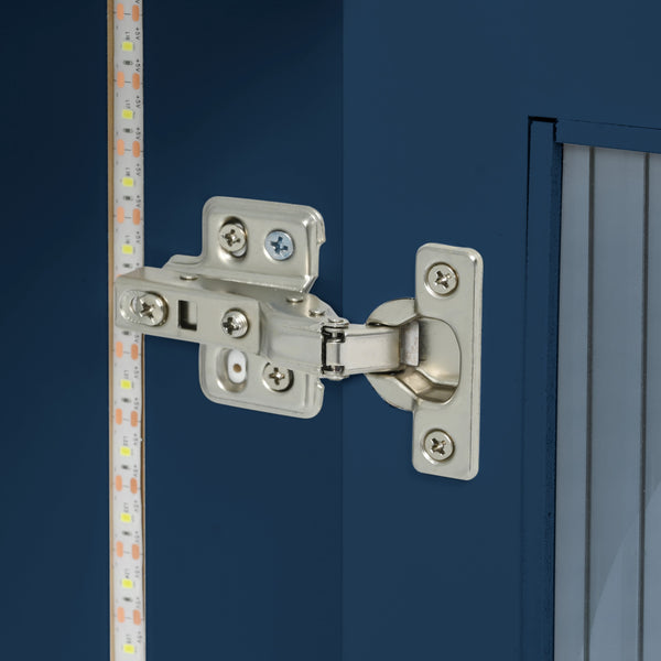 English Elm K&K Rolling Kitchen Island with LED Lighting, Power Outlets, Fluted Glass Doors and Mobile Storage Hub Navy Blue WF316018AAN