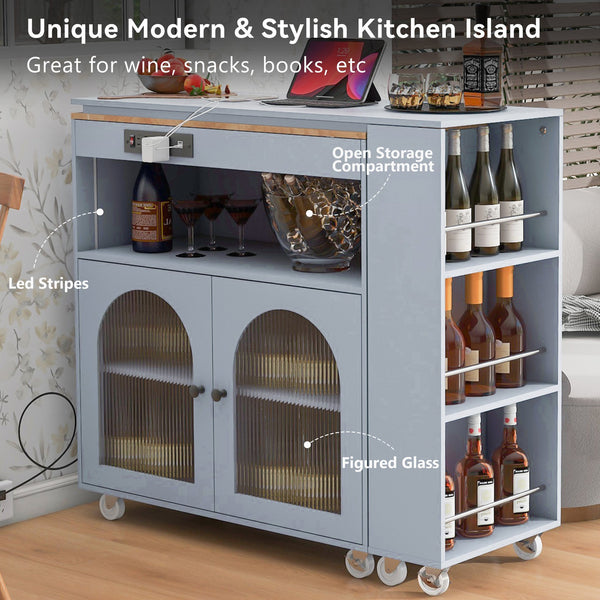 English Elm K&K Rolling Kitchen Island with LED Lighting, Power Outlets, Fluted Glass Doors and Mobile Storage Hub Grey-Blue WF316018AAG