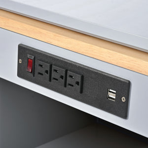 English Elm K&K Rolling Kitchen Island with LED Lighting, Power Outlets, Fluted Glass Doors and Mobile Storage Hub Grey-Blue WF316018AAG