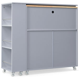 English Elm K&K Rolling Kitchen Island with LED Lighting, Power Outlets, Fluted Glass Doors and Mobile Storage Hub Grey-Blue WF316018AAG