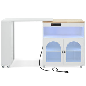 English Elm K&K Rolling Kitchen Island with LED Lighting, Power Outlets, Fluted Glass Doors and Mobile Storage Hub White WF316018AAW
