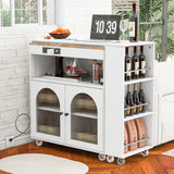 English Elm K&K Rolling Kitchen Island With Extended Table, Kitchen Island On Wheels With Led Lights,Power Outlets and 2 Fluted Glass Doors, Kitchen Island With A Storage Compartment and Side 3 Open Shelves,White