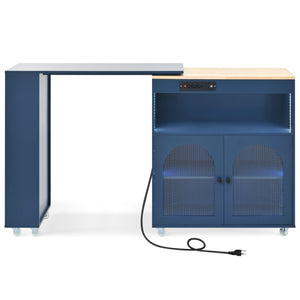 English Elm K&K Rolling Kitchen Island with LED Lighting, Power Outlets, Fluted Glass Doors and Mobile Storage Hub Navy Blue WF316018AAN