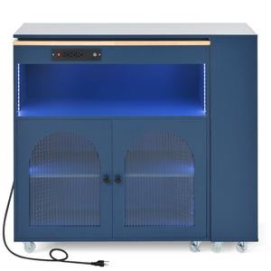 English Elm K&K Rolling Kitchen Island with LED Lighting, Power Outlets, Fluted Glass Doors and Mobile Storage Hub Navy Blue WF316018AAN