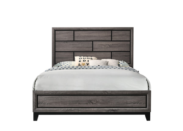 English Elm Cotemporary Geometric Tiled Headboard Queen Bed with Low-Profile Frame and Minimalist Zen Design Brown Gray 66.4 L x 40 W x 7 H B011S00746
