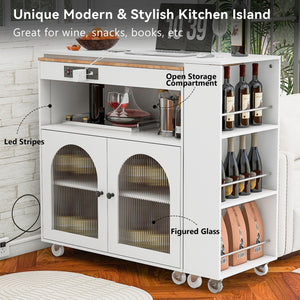 English Elm K&K Rolling Kitchen Island with LED Lighting, Power Outlets, Fluted Glass Doors and Mobile Storage Hub White WF316018AAW