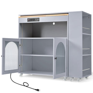 English Elm K&K Rolling Kitchen Island with LED Lighting, Power Outlets, Fluted Glass Doors and Mobile Storage Hub Grey-Blue WF316018AAG