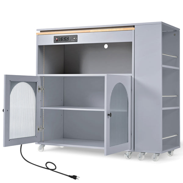 English Elm K&K Rolling Kitchen Island with LED Lighting, Power Outlets, Fluted Glass Doors and Mobile Storage Hub Grey-Blue WF316018AAG