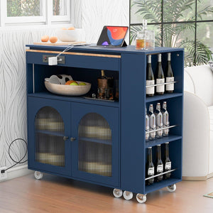 English Elm K&K Rolling Kitchen Island with LED Lighting, Power Outlets, Fluted Glass Doors and Mobile Storage Hub Navy Blue WF316018AAN