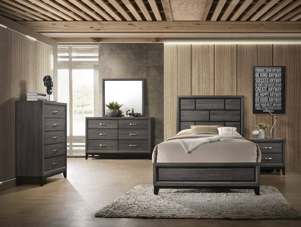 English Elm Cotemporary Geometric Tiled Headboard Queen Bed with Low-Profile Frame and Minimalist Zen Design Brown Gray 66.4 L x 40 W x 7 H B011S00746