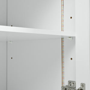 English Elm K&K Rolling Kitchen Island with LED Lighting, Power Outlets, Fluted Glass Doors and Mobile Storage Hub White WF316018AAW