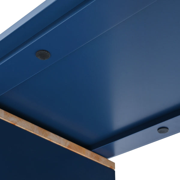 English Elm K&K Rolling Kitchen Island with LED Lighting, Power Outlets, Fluted Glass Doors and Mobile Storage Hub Navy Blue WF316018AAN