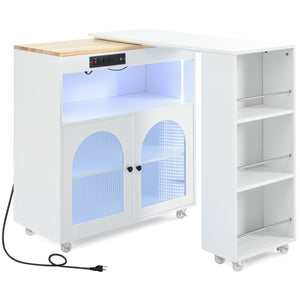 English Elm K&K Rolling Kitchen Island with LED Lighting, Power Outlets, Fluted Glass Doors and Mobile Storage Hub White WF316018AAW