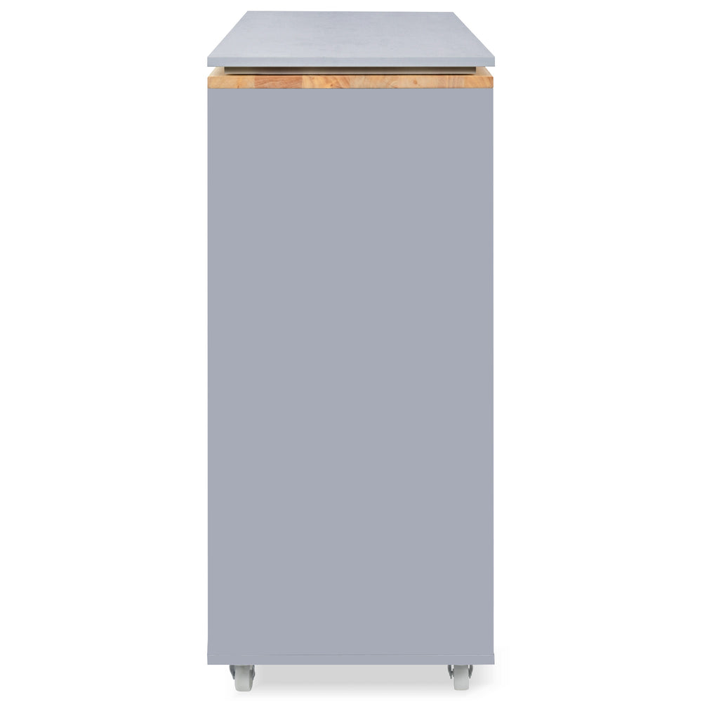 English Elm K&K Rolling Kitchen Island with LED Lighting, Power Outlets, Fluted Glass Doors and Mobile Storage Hub Grey-Blue WF316018AAG