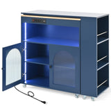 English Elm K&K Rolling Kitchen Island With Extended Table, Kitchen Island On Wheels With Led Lights,Power Outlets and 2 Fluted Glass Doors, Kitchen Island With A Storage Compartment and Side 3 Open Shelves, Navy