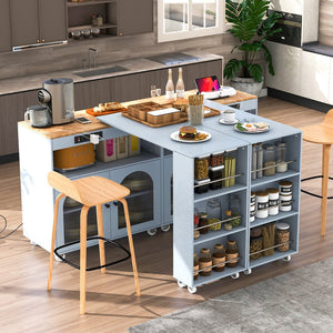 English Elm K&K Rolling Kitchen Island with LED Lighting, Power Outlets, Fluted Glass Doors and Mobile Storage Hub Grey-Blue WF316018AAG