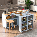Hearth and Haven K&K Rolling Kitchen Island with Extended Table, Kitchen Island On Wheels with Led Lights, Power Outlets and 2 Fluted Glass Doors, Kitchen Island with a Storage Compartment and Side 3 Open Shelves, Grey WF316018AAG