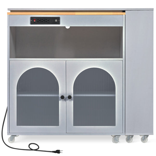 English Elm K&K Rolling Kitchen Island with LED Lighting, Power Outlets, Fluted Glass Doors and Mobile Storage Hub Grey-Blue WF316018AAG