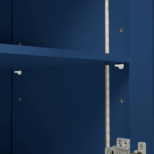 English Elm K&K Rolling Kitchen Island with LED Lighting, Power Outlets, Fluted Glass Doors and Mobile Storage Hub Navy Blue WF316018AAN