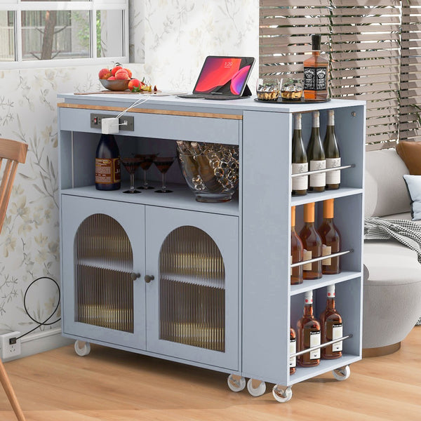 English Elm K&K Rolling Kitchen Island with LED Lighting, Power Outlets, Fluted Glass Doors and Mobile Storage Hub Grey-Blue WF316018AAG