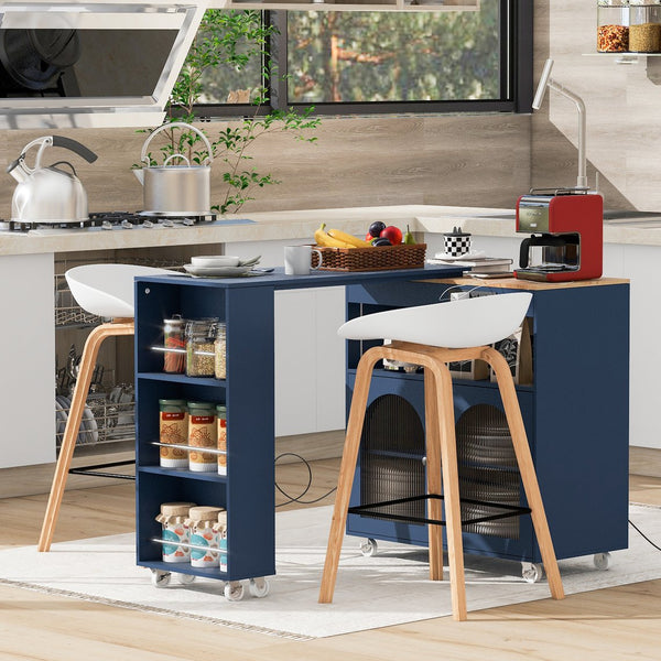 English Elm K&K Rolling Kitchen Island with LED Lighting, Power Outlets, Fluted Glass Doors and Mobile Storage Hub Navy Blue WF316018AAN