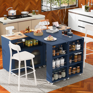 English Elm K&K Rolling Kitchen Island With Extended Table, Kitchen Island On Wheels With Led Lights,Power Outlets and 2 Fluted Glass Doors, Kitchen Island With A Storage Compartment and Side 3 Open Shelves, Navy