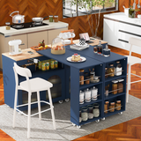 Hearth and Haven K&K Rolling Kitchen Island with Extended Table, Kitchen Island On Wheels with Led Lights, Power Outlets and 2 Fluted Glass Doors, Kitchen Island with a Storage Compartment and Side 3 Open Shelves, Navy WF316018AAN