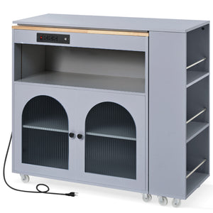 English Elm K&K Rolling Kitchen Island with LED Lighting, Power Outlets, Fluted Glass Doors and Mobile Storage Hub Grey-Blue WF316018AAG