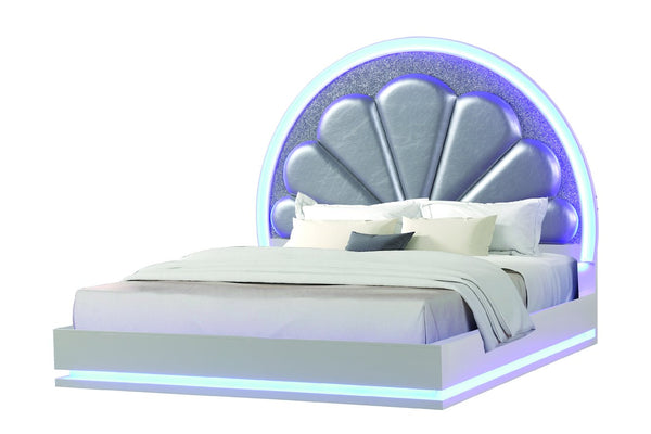 English Elm King Lux LED Wood Bed in Milky White with Channel Tufted Headboard, Crystal Accents & Ambient Lighting 659436120822