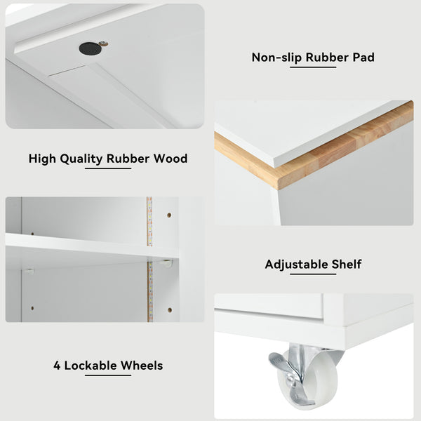 English Elm K&K Rolling Kitchen Island with LED Lighting, Power Outlets, Fluted Glass Doors and Mobile Storage Hub White WF316018AAW