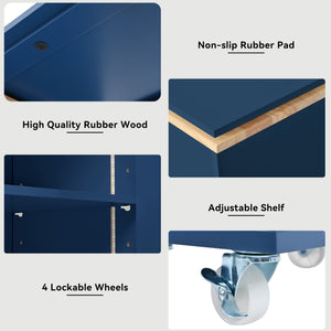 English Elm K&K Rolling Kitchen Island with LED Lighting, Power Outlets, Fluted Glass Doors and Mobile Storage Hub Navy Blue WF316018AAN