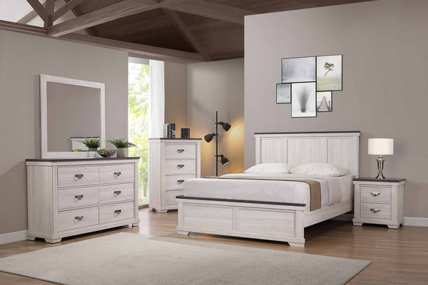 English Elm Farmhouse Rustic Antique White Panel Queen Bed with Tapered Feet Low Footboard and Brown Top Finish Brown white 68.8 L x 39 W x 7 H B011S00754