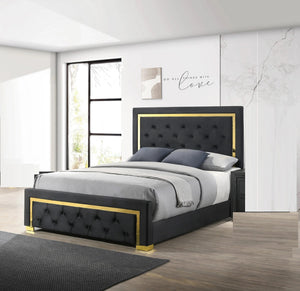 English Elm Contemporary Glam Queen Fabric Upholstered Panel Bed with Gold Accents, Button-Tufted Elegance, Modern Centerpiece Black 82.9 L x 40 W x 8.5 H B011S00759