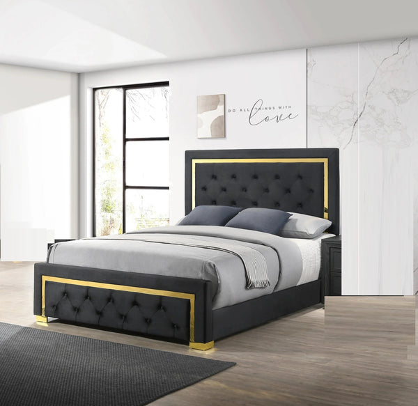 English Elm Contemporary Glam Queen Fabric Upholstered Panel Bed with Gold Accents, Button-Tufted Elegance, Modern Centerpiece Black 82.9 L x 40 W x 8.5 H B011S00759