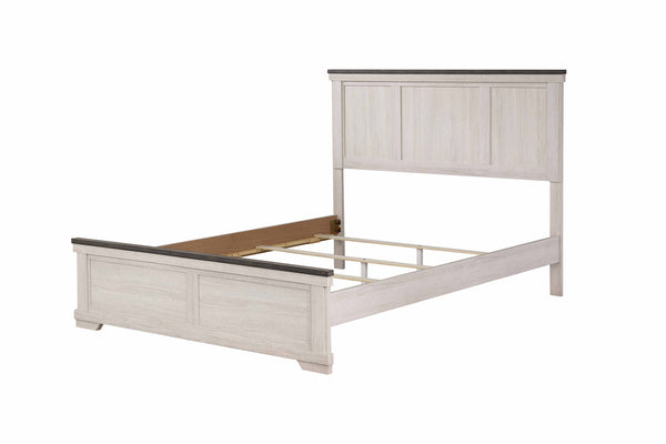 English Elm Farmhouse Rustic Antique White Panel Queen Bed with Tapered Feet Low Footboard and Brown Top Finish Brown white 68.8 L x 39 W x 7 H B011S00754