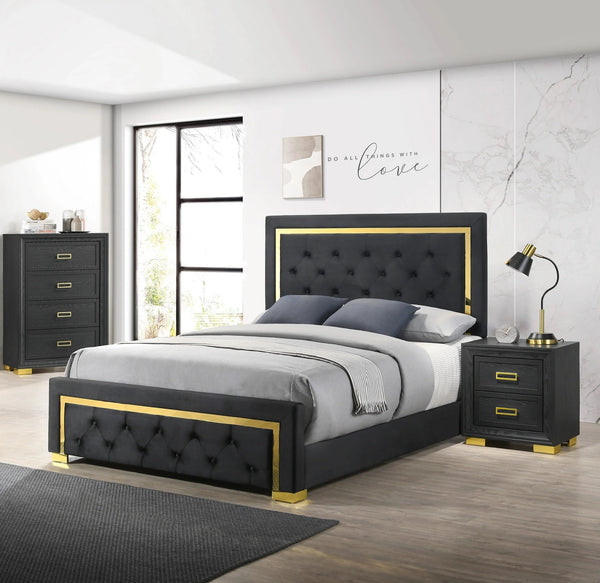 English Elm Contemporary Glam Queen Fabric Upholstered Panel Bed with Gold Accents, Button-Tufted Elegance, Modern Centerpiece Black 82.9 L x 40 W x 8.5 H B011S00759