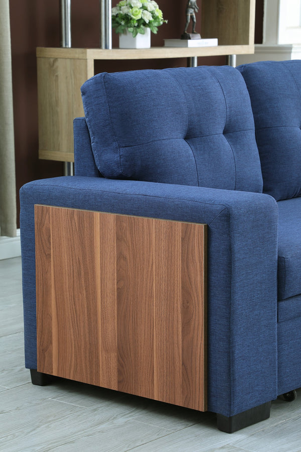 English Elm 3 Linen-Blend Upholstered Sectional Sofa with Chaise, Hidden Storage, Pull-Out Loveseat & Cupholder Blue B102S00067