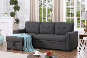 English Elm 3 Linen-Blend Upholstered Sectional Sofa with Chaise, Hidden Storage, Pull-Out Loveseat & Cupholder Dark Gray B102S00065