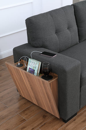 English Elm 3 Linen-Blend Upholstered Sectional Sofa with Chaise, Hidden Storage, Pull-Out Loveseat & Cupholder Dark Gray B102S00065