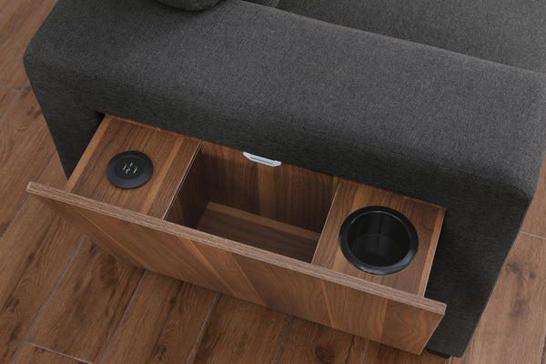 English Elm 3 Linen-Blend Upholstered Sectional Sofa with Chaise, Hidden Storage, Pull-Out Loveseat & Cupholder Dark Gray B102S00065