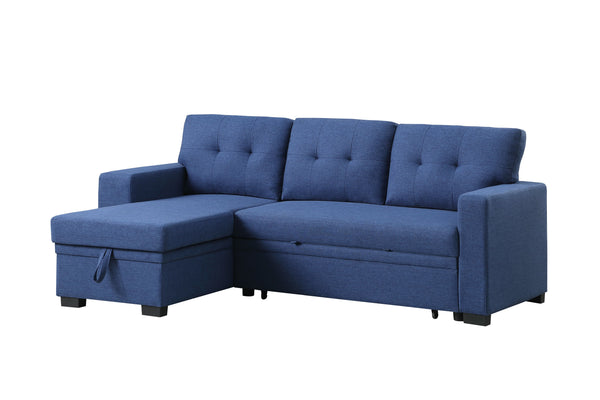 English Elm 3 Linen-Blend Upholstered Sectional Sofa with Chaise, Hidden Storage, Pull-Out Loveseat & Cupholder Blue B102S00067