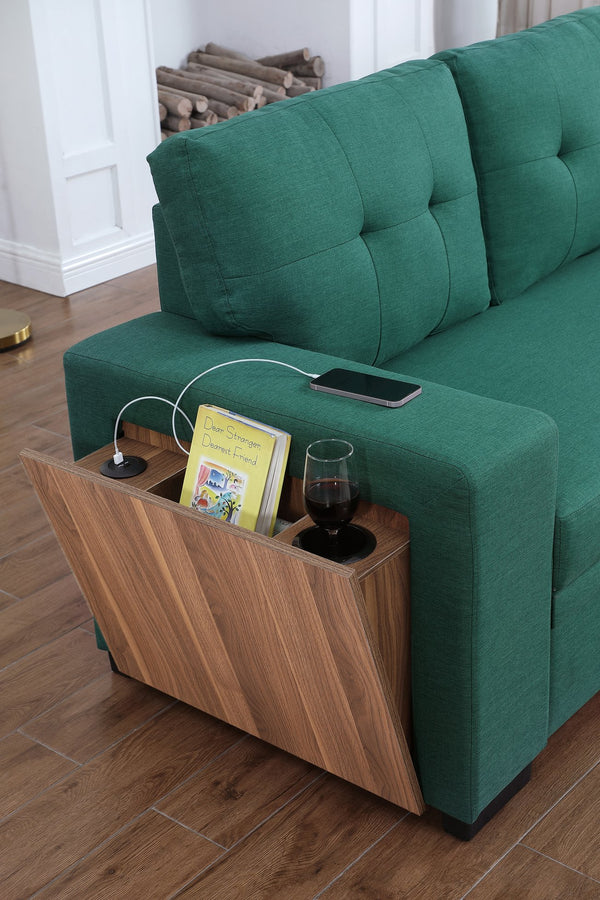 English Elm 3 Linen-Blend Upholstered Sectional Sofa with Chaise, Hidden Storage, Pull-Out Loveseat & Cupholder Green B102S00068