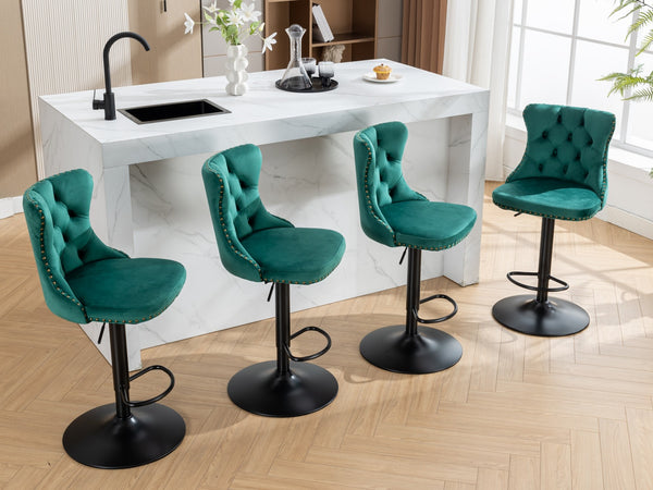 English Elm Swivel Handcrafted Tufted Velvet Barstool with Back, Adjustable 25–33" Height, Stable 17.7" Base Green W1143P151486