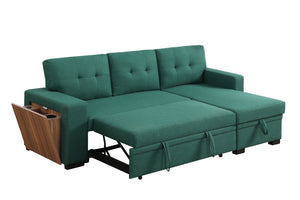 English Elm 3 Linen-Blend Upholstered Sectional Sofa with Chaise, Hidden Storage, Pull-Out Loveseat & Cupholder Green B102S00068
