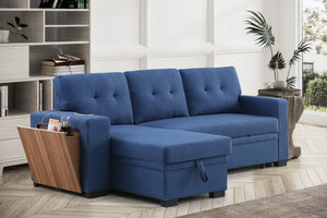 English Elm 3 Linen-Blend Upholstered Sectional Sofa with Chaise, Hidden Storage, Pull-Out Loveseat & Cupholder Blue B102S00067
