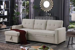 English Elm 3 Linen-Blend Upholstered Sectional Sofa with Chaise, Hidden Storage, Pull-Out Loveseat & Cupholder Light Gray B102S00066
